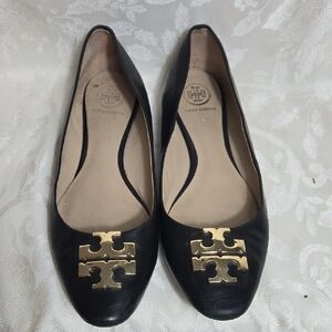 Tory Burch Black Leather Lowell Ballet Flats with Gold Emblem